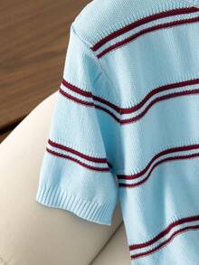 Light Blue Striped Loose Crew Neck Contrast Color Knit Sweater, Women's Versatile Summer New Short Sleeve Top, Striped Ribbed Casual Beach Wear Spring - Baby Blue - View 5