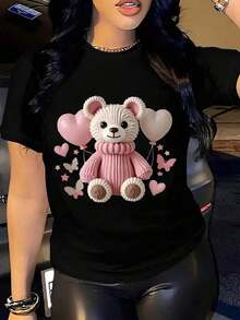 Women's Basic T-Shirt With Delicate Bear And Balloon Print, 100% Cotton, Plus Size Baby Look, Oversized - 黑色 - 查看 1