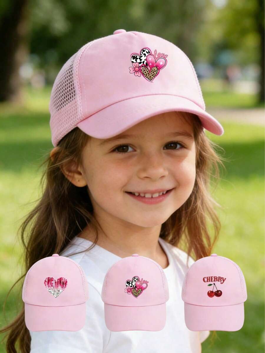 1 chiếc mũ lưỡi trai cho bé (1-3 tuổi), họa tiết trái tim/quả anh đào đính kim sa dễ thương, mũ lưới mùa hè chống nắng, thích hợp cho bãi biển, hoạt động ngoài trời và mặc hàng ngày, chống tia UV. - mẫu - Xem 1