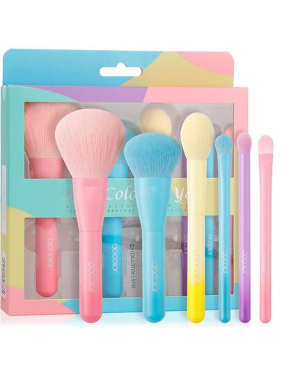 docolor 便携迷你彩色化妆刷套装，新手必备，6支面部化妆刷，4支眼部化妆刷，3支面部化妆刷，人造毛刷毛，木柄化妆工具