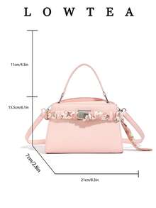 low tea 新款夏季荔枝纹女士手提包，时尚可调节肩带斜挎包，简约纯色高端金属装饰单肩通勤包 - 粉色 - 查看 3