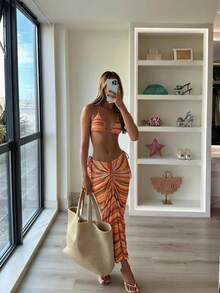 3pcs Bohemian Allover Print Striped Backless Tie-Back Sexy Beach Vacation Bikini Set, Spring/Summer - Multicolor - View 1