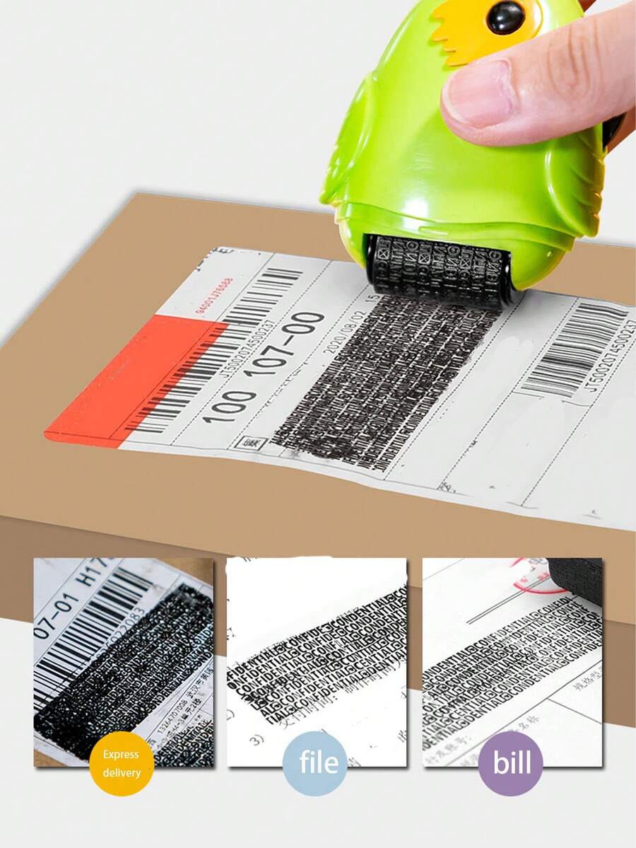 1个ABS材质滚轮密封条，内置塑料刀片，可重复使用，用于遮盖机密信息和地址，防窥设计，有蓝色/粉色/绿色可选，时尚光滑表面，速干耐用。