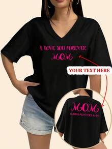 تي شيرت فضفاض بياقة على شكل حرف V للنساء، مخصص بطباعة تصميم لعيد الحب، عيد الأم، ذكرى السنوية، خط الخط، نص، رقم محظوظ، اسم الحبيب/الحبيبة، طباعة إعلانية، أي شيء قابل للتخصيص - الأسود - مشاهدة 1