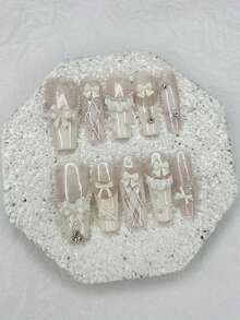 10 Pieces Cute 3D Pearl Bow French Handmade Press On Nails Sweet Plaid Skirt Ballet Long Nail Art Beaded Glitter White Fake Nails Nail Supplies(1 Sheets Jelly Stickers+1PC Nail File) - White - View 10