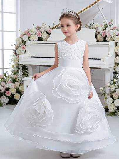 Girls' Long Floral & Pearl Decor Princess Dress, Suitable For Pageant, Hosting, Party