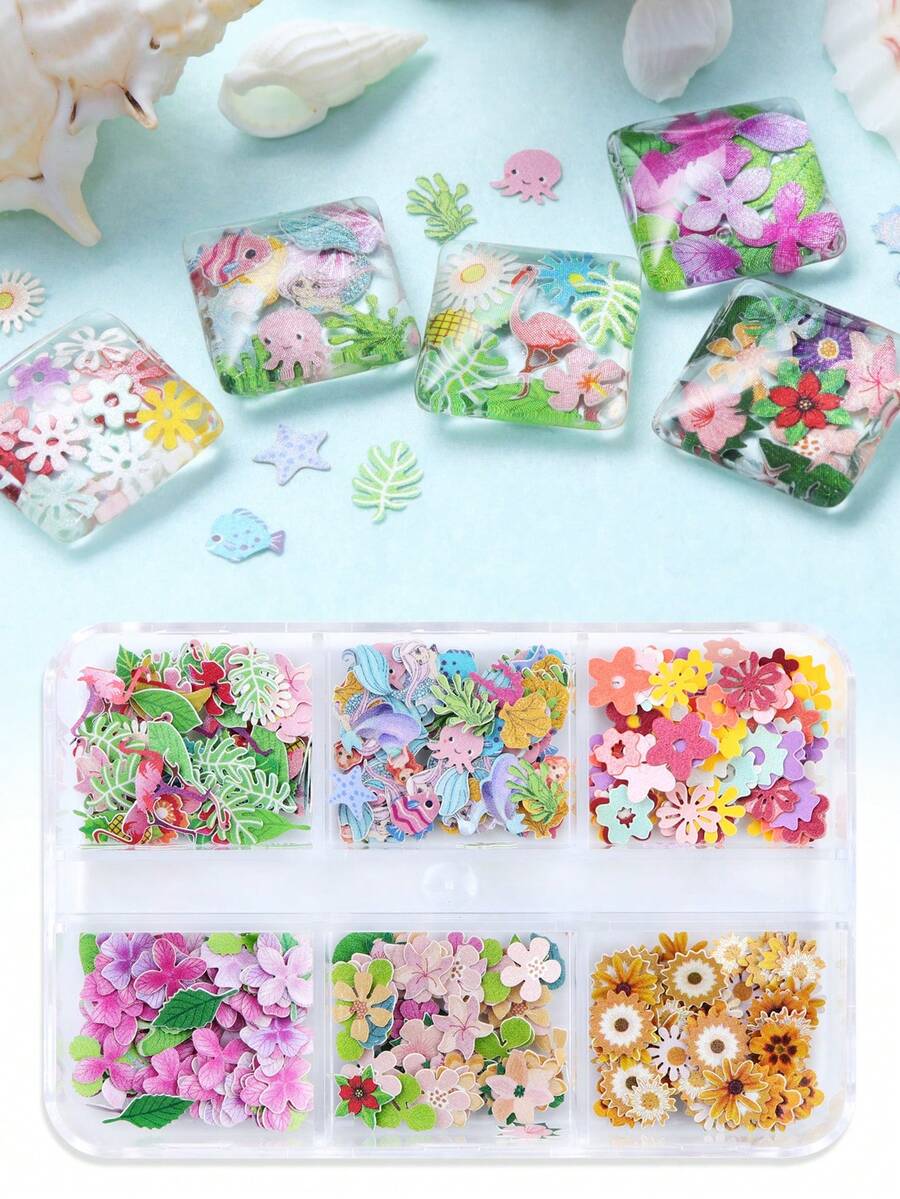 1盒春夏木浆花片，树脂摇摇杯硅胶模具，内含混合花卉、海洋生物、火烈鸟、雏菊薄片树脂艺术装饰品、珠宝工艺制作、情人节