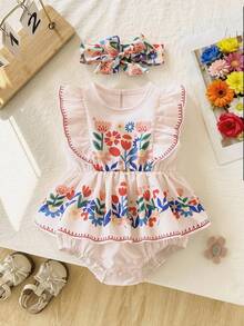 Summer New Baby Girls Cute Floral Ruffle Trim Bodysuit + Headband Set - Multicolor - View 1