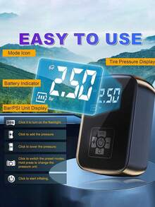 Mini Portable Car Air Compressor, 150PSI Tire Pressure Monitor, With LED Light, Compact High-Power Smart Electric Tire Inflator Pump For Motorcycle, Bicycle, Car, Balls (Note: Wired Version Does Not Include Battery, Only Supports Car Cigarette Lighter Power Supply, Please Purchase Carefully). 7.4V 2000mAh Lithium-Ion Battery - Black - View 8