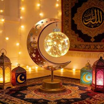 1 st elegant Eid-skrivbordslampa - Vintage stjärn- och månedesign, batteridriven för sängkanten, Ramadan- och högtidsfestdekoration