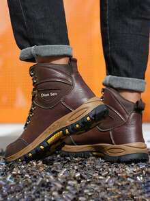 1 Pair Unisex Microfiber Leather Steel Toe Work Boots, Waterproof Anti-Puncture Anti-Crush Safety Shoes, Comfortable Hiking Boots, Casual High-Top Shoes, Wear-Resistant Rubber Sole, Non-Slip Work Boots, Outdoor Work Boots, Hiking Shoes (Size Runs Large, Please Order One Size Down) - Brown - View 6