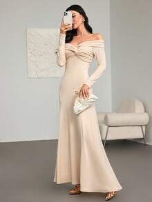 Women's Premium Off-The-Shoulder & One-Shoulder Maxi Dress – Knotted Sleeve Details, Soft Knit Fabric, Elegant Yet Sexy, Ideal For Parties, Weddings & Romantic Dates - Apricot - View 6