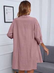 TIN Casual traje de camisa para mujeres de una sola , bolsillo y hombros monocromáticos caídos - Rosa - Ver 2