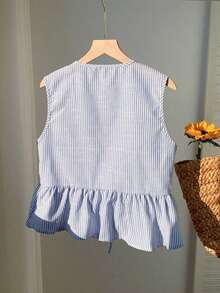 Blusa de rayas y estampado sin mangas para uso diario sencilla, tops sin mangas - Azul - Ver 2