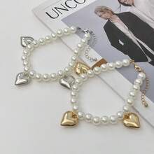 European & American Design Faux Pearl Beaded Denim Anklet, Metallic Heart Pendant Tassel Anklet, - Multicolor - View 4