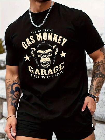 Camiseta de mezcla de algodón para hombres - Gráfico de Gas Monkey Garage, cuello redondo relajado, ropa deportiva de verano, tejido ligeramente elástico, ajuste regular, impresión en amarillo y negro llamativo, tela premium suave y cómoda, TALLA GRANDE