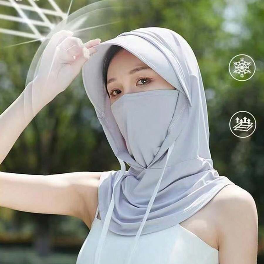 Summer Solid Color Unisex Sun Protection Mask Breathable Ice Silk Mask Hat Sun Protection And Cool Long Multifunctional Fashion Full Face Hat Men And Women Halloween Applicable Mask Neck Protection 2025 Balaclava Suitable For Cycling And Fishing. - 淺灰色 - 查看 1