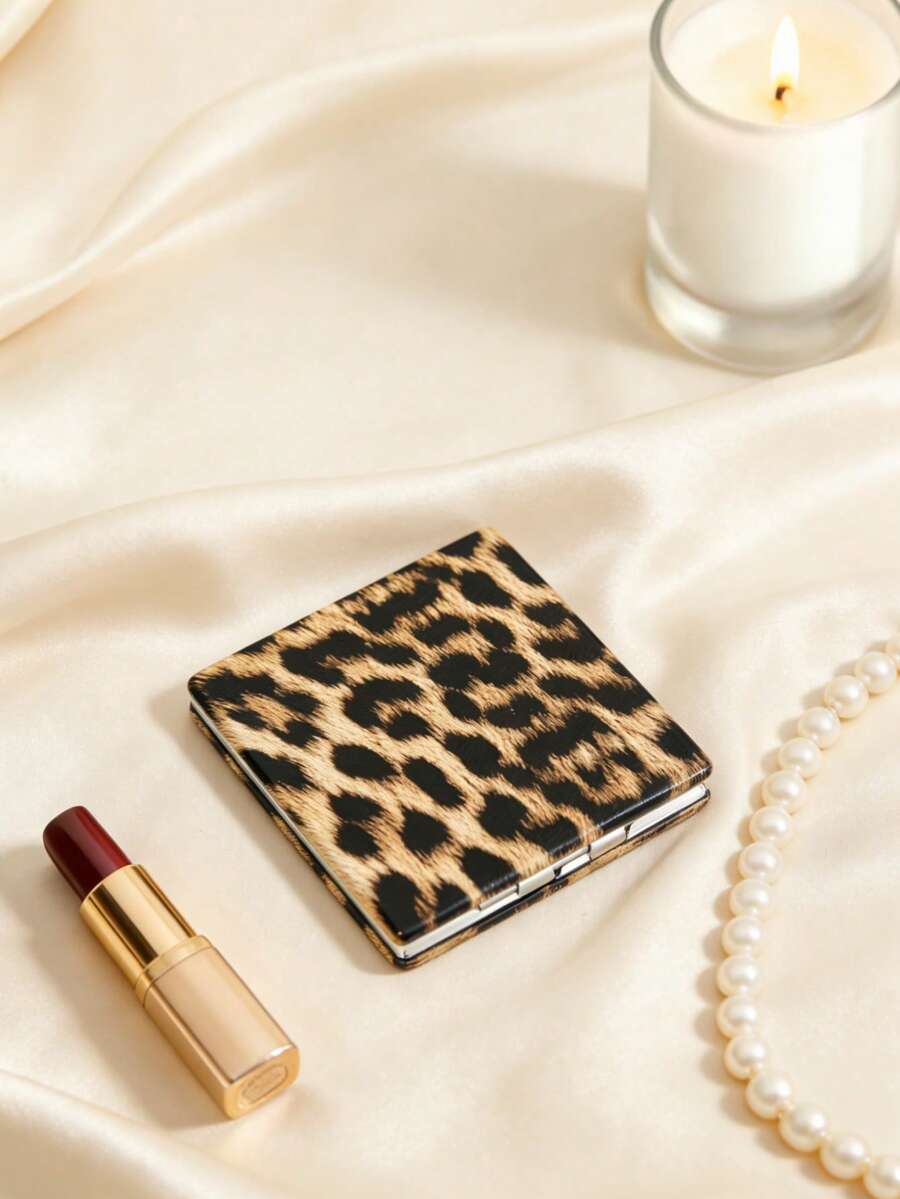 1pc Leopard Print Double-Sided Compact Makeup Mirror, Portable Pocket Mirror With Classic Animal Pattern Design, Suitable For Travel And Daily Use - Multicolor - View 1