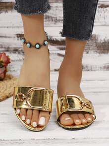 女士时尚纯色舒适百搭夏季派对高跟凉鞋 - 金色 - 查看 5