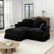 Modular Mid-Century L-Shaped 2-Sitzer Sofa Aus Chenille Mit Trichter-Armlehnen, Abnehmbarer Rüschenschürze, Spindelförmigen Beinen & Beweglichem Hocker – Tiefer Sitzkomfort Fürs Wohnzimmer,Schwarz - Black - View 3
