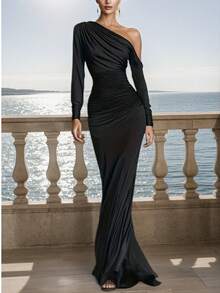 Elegant Women's Black Asymmetric Neckline Ruched Long Cocktail Dress, Long Sleeve Fishtail Hem, Suitable For Party Wear Wedding Spring - Black - View 6