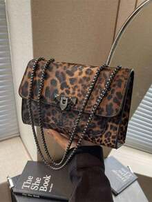 A Vintage Fashion Leopard Print Bag, Hardware Lock Closure, Flap Opening, Metal Double Chain, Multi-Functional And Elegant Shoulder Crossbody Bag, Suitable For Girls' Daily Life, Leisure, Commuting, Work And Student Use, Cheetah Print Bag For Women Leopard Comeback, Retro Inspired Bag For Women - 咖啡棕 - 查看 1