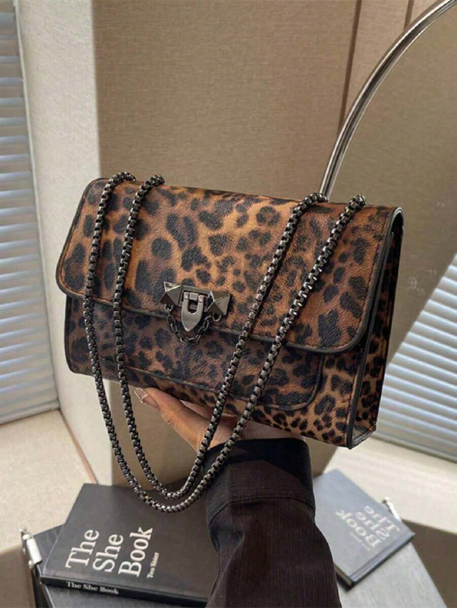 A Vintage Fashion Leopard Print Bag, Hardware Lock Closure, Flap Opening, Metal Double Chain, Multi-Functional And Elegant Shoulder Crossbody Bag, Suitable For Girls' Daily Life, Leisure, Commuting, Work And Student Use, Cheetah Print Bag For Women Leopard Comeback, Retro Inspired Bag For Women - 咖啡棕 - 查看 1
