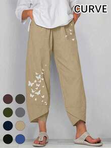 Quần lửng ống rộng cạp chun co giãn dáng rộng in hình bướm dành cho nữ cỡ lớn - Màu Khaki - Xem 1