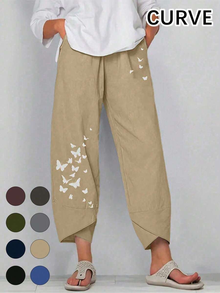 Quần lửng ống rộng cạp chun co giãn dáng rộng in hình bướm dành cho nữ cỡ lớn - Màu Khaki - Xem 1