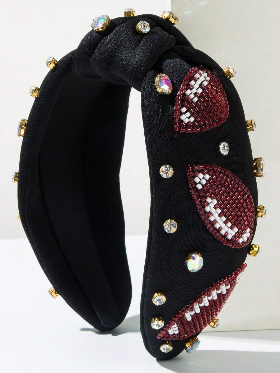1pc Solid Color Fabric Wide Brim Knotted Rugby Headband, Handcrafted With Luxurious Rugby Ball Beaded Jewel Decor, Suitable As Sports Game Gift For Friends Head Accessories