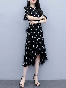 Vestido largo para mujer Diseño de inspiración coreana Falda corta de lunares Niche Lunares redondos en rojo y negro - Negro - Ver 6