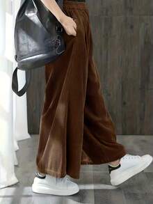 Coffee Color Corduroy Wide Leg Pants For Women, High Waist Loose Flattering Vintage Casual Trousers, Versatile For All Seasons Spring - Coffee Brown - View 3