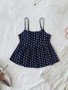 海军蓝波点短款罩衫，配有可调节细肩带和喇叭下摆，波点卡夫坦式上衣，卡夫坦式上衣，波点罩衫，可爱夏季上衣 (YY1147) - 藏蓝色 - 查看 7