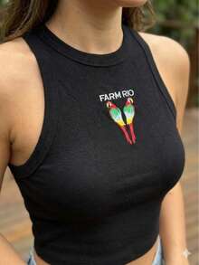 Women's Summer Ribbed Tank Top With Tropical Embroidery - Assorted Prints - Negro - Ver 3