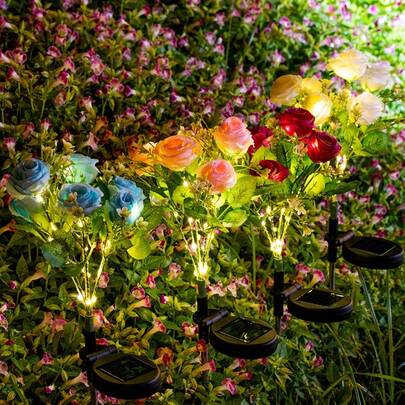 7-Head Solar Powered Rose Pathway Lights, Holiday Decor Lights Suitable For Outdoor Garden, Yard, Walkway, Aisle Decor, Wedding, Proposal, Party, Valentine's Day, Mother's Day Gardening Lighting, Spring
