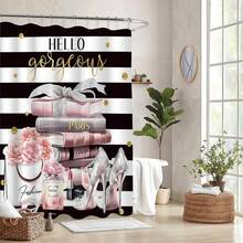 1pc Black & Pink Shower Curtain, Fashionable Black & White Girly Style Shower Curtain, Suitable For Girls And Women, Modern Floral, Perfume, Stripe, High Heel Shoe, Magazine, Book Bathroom Decor, Autumn Decoration, Bathroom Accessories, Back To School - Multicolor - View 2