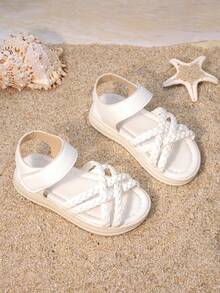 1 Pair Kids' Textured Braided Strap Sandals | Lightweight Anti-Slip Flat Open-Toe Daily Beach Shoes For Girls Summer - White - View 4