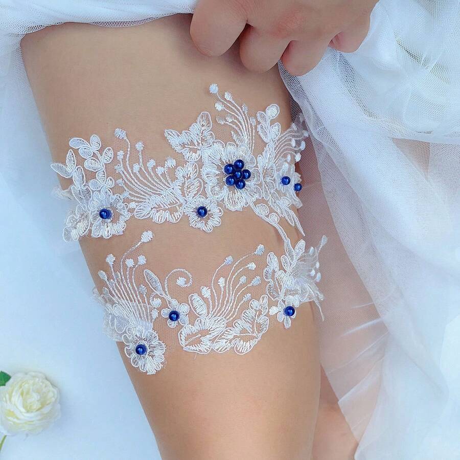 Bridal Garter, Lace Pearl Thigh Garter, Elastic Floral Leg Accessory, Wedding Favor, Bachelorette Party & Evening Dress Accessory - Blue - View 1