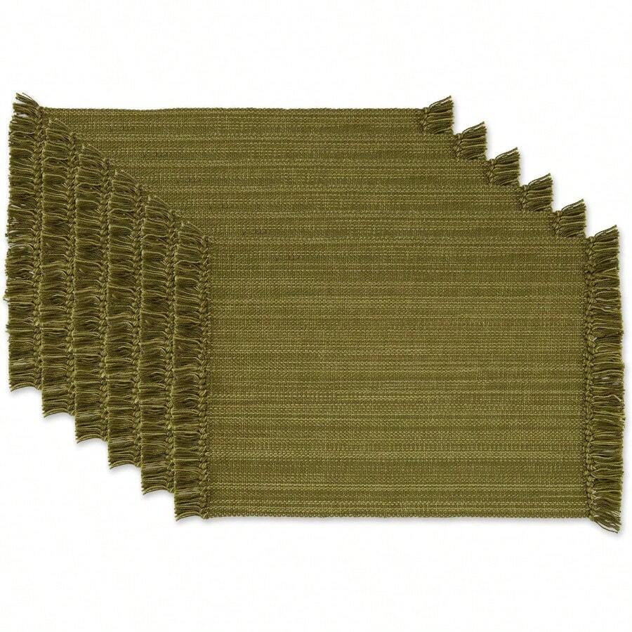 DII 100% Cotton Tonal Fringe Variegated Machine Washable Everyday Kitchen Basic Placemat Set of 6 Olive Green - Verdeoliva - Ver 1