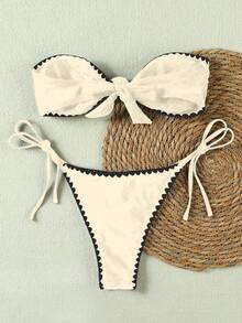 情人节新品：时尚优雅黑白撞色缝线蕾丝边性感挂脖沙滩度假比基尼套装 - 白色 - 查看 3