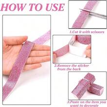 1 Rolls Self-Adhesive Rhinestone Ribbon Crystal Diamond Bling Ribbon DIY Decoration Sticker With 2 Mm Rhinestones For DIY Arts Crafts,Wedding Party Decor,Car Phone Decoration (White, Pink, Champagne) - 粉色 - 查看 4