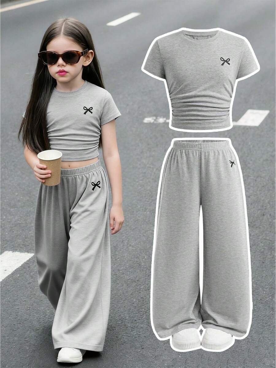 Conjunto de top de manga corta con estampado de moño y pantalones de ajuste holgado para niñas pequeñas - Gris - Ver 1