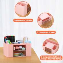 White Desk Organizer 7 Grids With Drawer Multifunctional Table Organizer Pen Holder Stationery Storage Box For School Office Home Use Desktop Organization System Simple Creative Design Practical Christmas Gift For Students Friends Coworkers - Pink - View 5