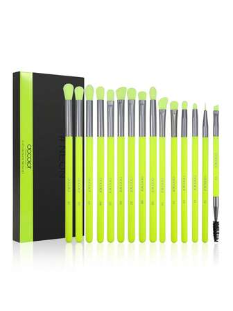 DU care Docolor 15-delars Neon Essential ögonmakeup-kit med blandnings-, packning- och detaljborstar för nybörjare, premium veganska och cruelty-free-borstar, ögonskuggsborstar, veck för ögonbryn, professionella sminkverktyg, syntetiska kosmetikborstar för resor, present till kvinnor och flickor