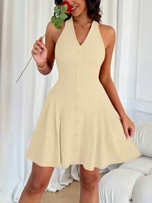 Ladies' Solid Color Waist Slimming A-Line Pleated Mini Dress, Made Of High Elasticity Fabric, Suitable For Spring, Summer, Autumn, Winter Seasons, Fashionable, Young And Versatile, Suitable For Daily Shopping, Festivals, Commuting To Work,Beach Vacation Outfits For Women,Casual Outfit For Women,Casual Dresses For Women,Summer Holiday Outfits Party Wedding - Light Apricot - View 5