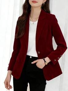 Spring New Arrival Commute/Casual/Light Date Women's Solid Burgundy Velvet Blazer: Long Sleeve With Button Cuffs, Single-Breasted Design, Blazer Lapel, Casual Jacket