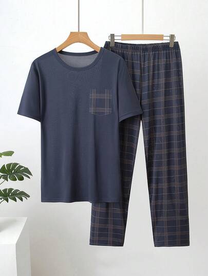 2pcs Men's Lightweight Short Sleeve Pajama Set, Short Sleeve & Pants, Men's Gray & Orange Plaid Print Loungewear Set