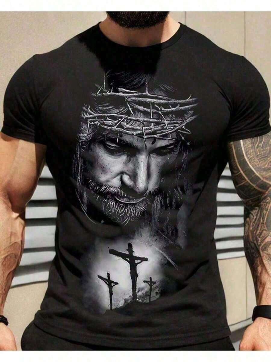 Men's Redeemer T-Shirt - Print Of Jesus With Crown Of Thorns On Black Cotton - màu đen - Xem 1
