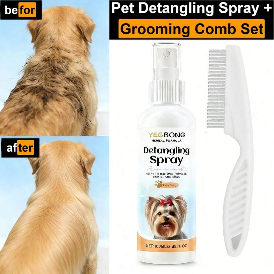 2-In-1 Pet Detangling & Grooming Spray Set, Dog & Cat Anti-Knot Cleaning, Smooth & Fluffy Care Spray