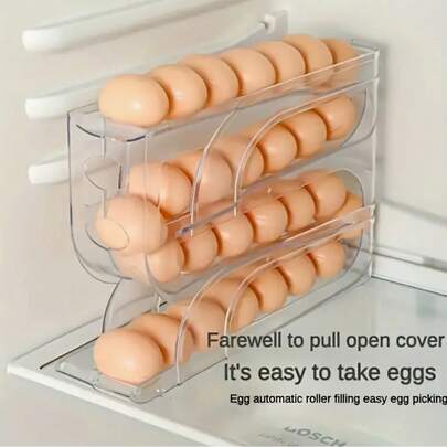 1pc 3/4 Tier Sliding Egg Separator - Automatic Rolling Durable Plastic Egg Storage Box, Smooth Glossy Design, Ergonomic Handle, Large Capacity Space-Saving Kitchen & Refrigerator Shelf Divider, Suitable For Refrigerator, Pantry And Behind-The-Door Storage - For Eggs And Other Items (Pull-Out Cabinet Rack)